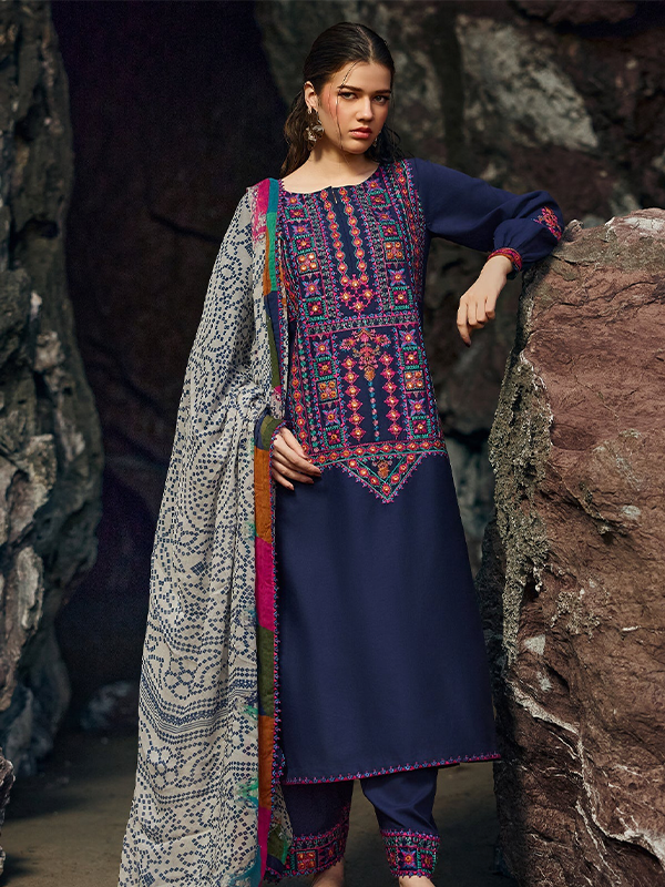 01 Charizma Sunshine Royal Blue 3PC Embroidered Unstitched Lawn Suit