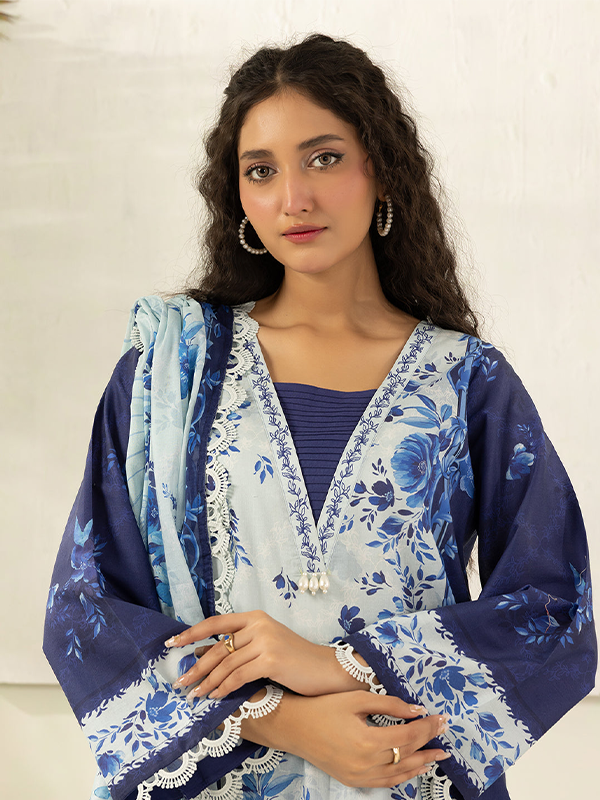 ZELLBURY 3-Pcs Unstitched Lawn Blue