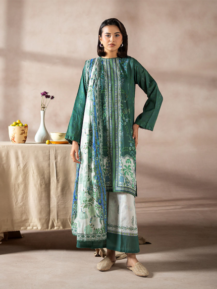 Gj Fabrics 3-Pcs Unstitched Digital Printed Lawn Emerald Green