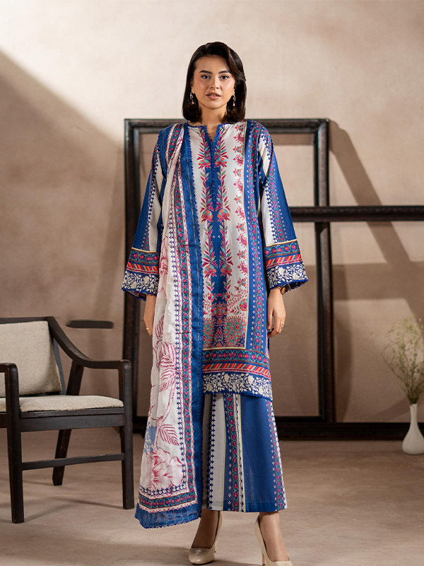 01 Gj Fabrics 3-Pcs Unstitched Digital Printed Lawn Blue