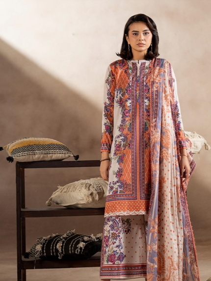 Gj Fabrics 3-Pcs Unstitched Digital Printed Lawn Offwhite & Orange