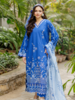 ZELLBURY CHIKANKARI 3-PCS Unstitched Cotton Blue