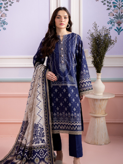 ZELLBURY 3-Pcs Unstitched Lawn Navy Blue
