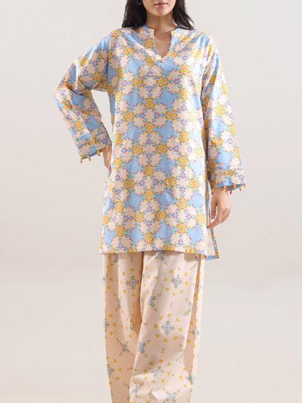 Saya Unstitched Premium Printed Lawn Co-Ord Set Dark Cream
