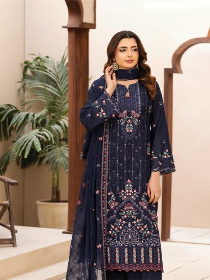 Rujhan Unstitched 3-Piece Luxury Festive Ninokari Embroidered Navy Blue