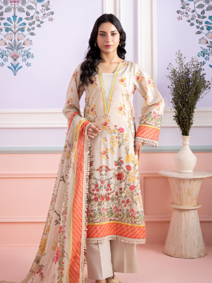 ZELLBURY 3-Pcs Unstitched Digital Printed Lawn Beige