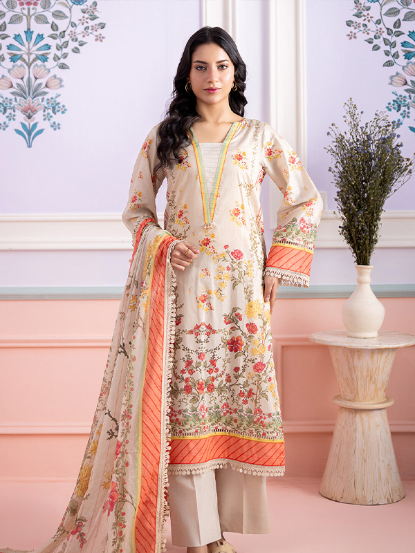 ZELLBURY 3-Pcs Unstitched Digital Printed Lawn Beige