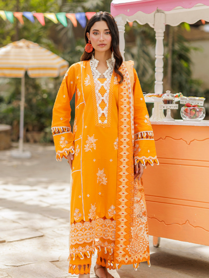 ZELLBURY CHIKANKARI 3-PCS Unstitched Embroidered Cotton Orange