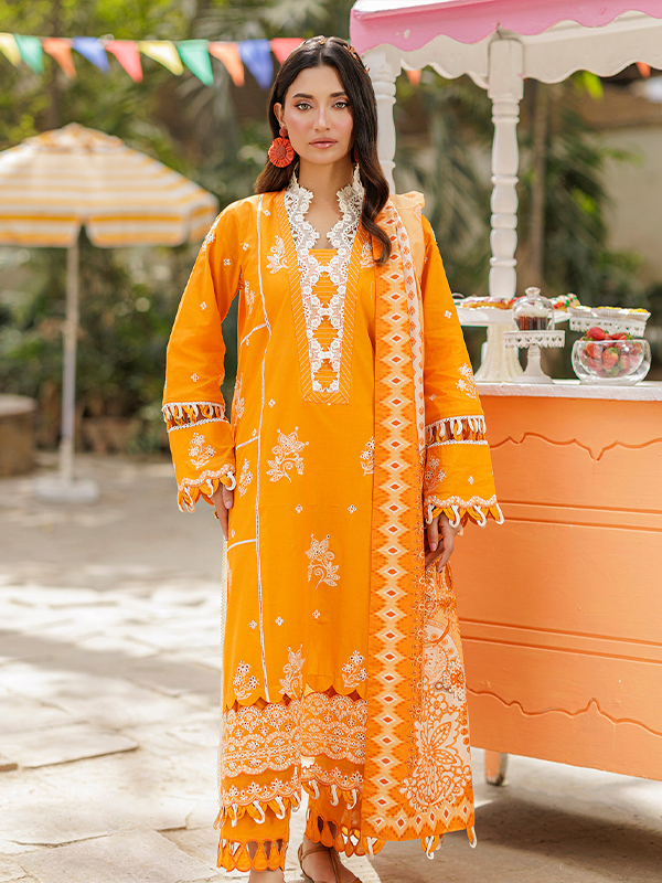 02 ZELLBURY CHIKANKARI 3-PCS Unstitched Embroidered Cotton Orange