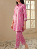 Saya 2-Piece Unstitched Premium Printed Self Stripe Lawn Suit Pink - Image 2