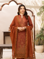 Sahara by Rujhan Rust Embroidered 3Piece Luxury Festive Outfit - Image 3