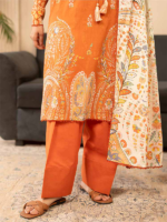 BINAAAS Orange 3-Piece Unstitched Digital Printed Lawn Suit - Image 4