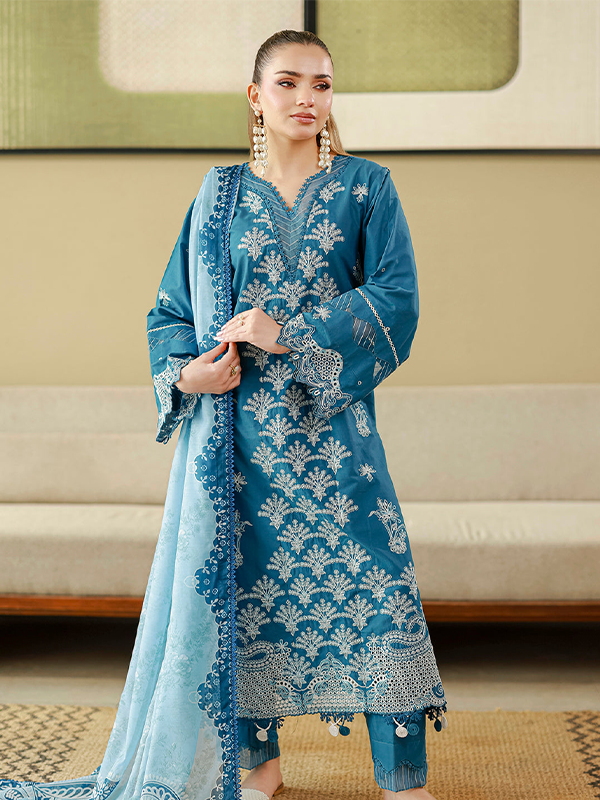 Zellbury Chikankari 3-Piece Unstitched Collection Teal Blue