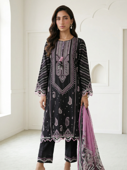 Signature Zellbury 3Pc Unstitched Embroidered Lawn Black Suit WUS26E30649