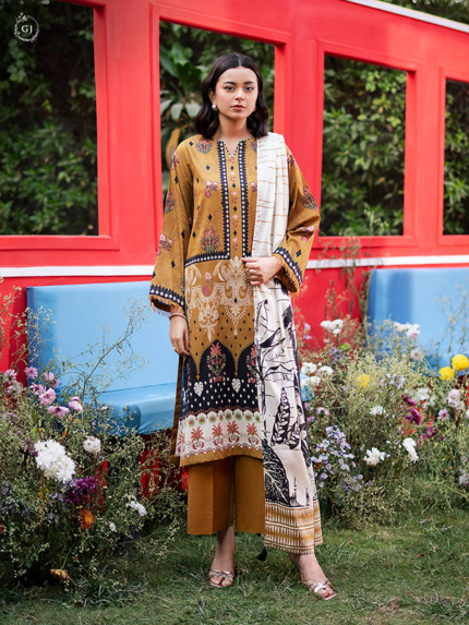 GJ COLLECTIONS 3-Piece Printed Unstitched Lawn Mustard