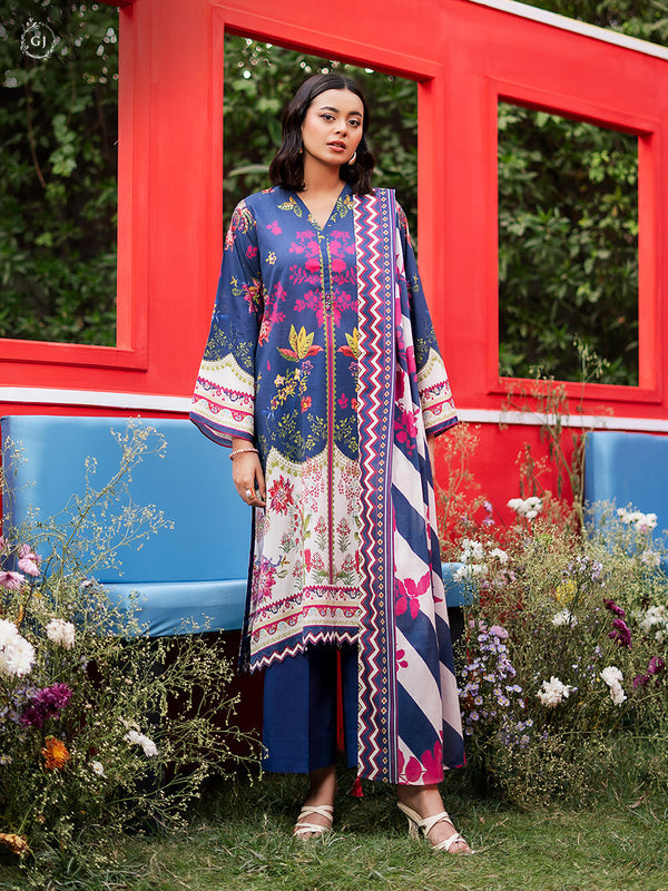 GJ COLLECTIONS 3-Piece Printed Unstitched Lawn Blue