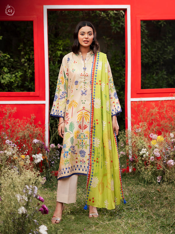 GJ COLLECTIONS 3-Piece Printed Unstitched Lawn Beige