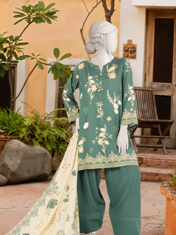 MTJ 3-Piece Unstitched Printed Textured Viscose Green