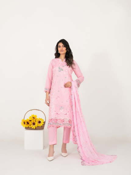 "Tawakkal Fabrics 3-Piece Unstitched Embroidered Slub Lawn Suit Pink"