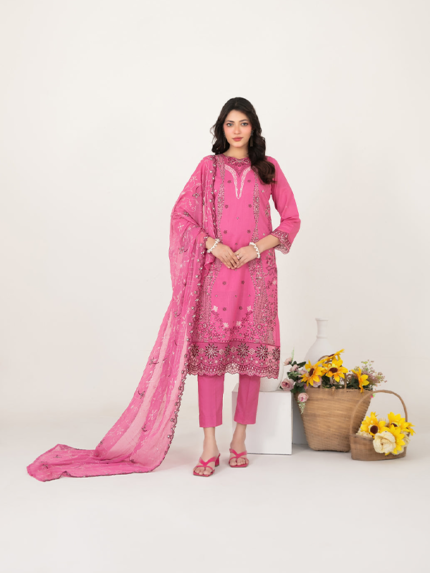 "Tawakkal Fabrics 3-Piece Unstitched Embroidered Slub Lawn Suit Hot Pink"