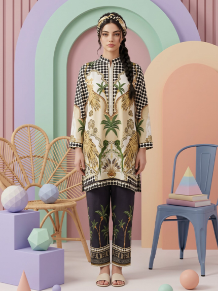 Cocoon Basic Chapter 3 Unstithed 2piece Printed Lawn cord set Cream Black