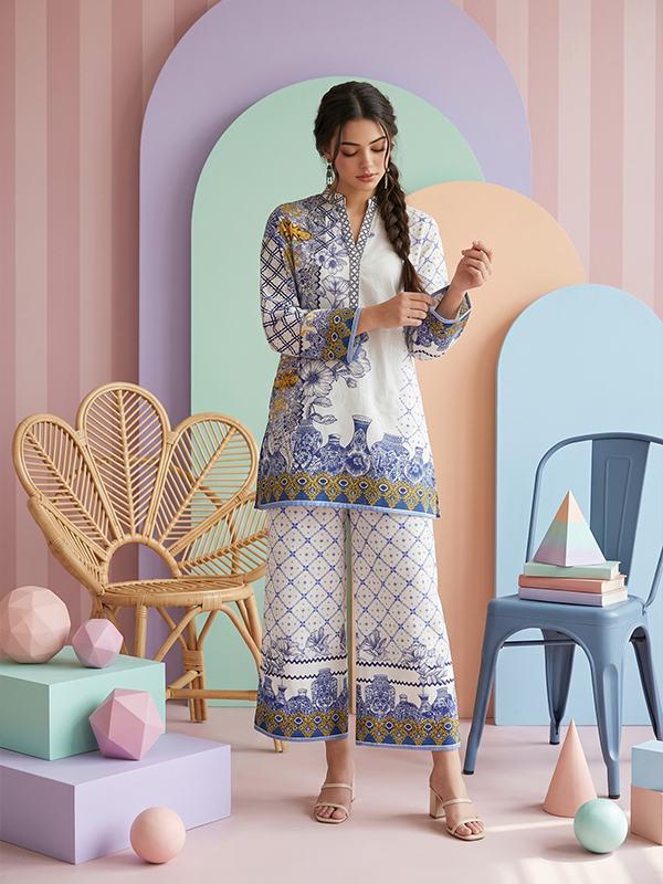02 Cocoon Basic Chapter 3 Unstithed 2piece Printed Lawn cord set Blue & White