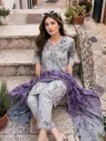 AlZohaib COCO CORDS 3Piece Printed Unstitched Lawn Suit Grey - Image 2