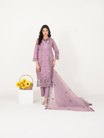 "Tawakkal Fabrics 3-Piece Unstitched Embroidered Slub Lawn Suit Muave"