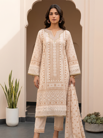 Zellbury 3-Piece Unstitched Glitter Paste Printed Lawn Suit Off-White
