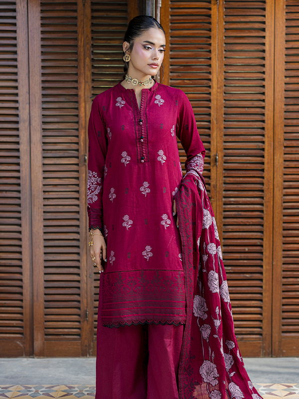 Zellbury 3-Piece Unstitched Jacquard Lawn Suit Maroon