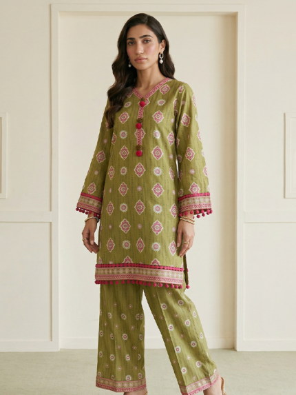 Zellbury 2-Piece Unstitched Embroidered Lawn Suit Olive Green