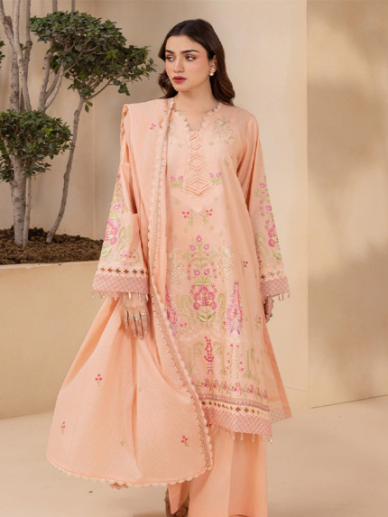 Zellbury 3-Piece Unstitched Embroidered Lawn Suit Peach