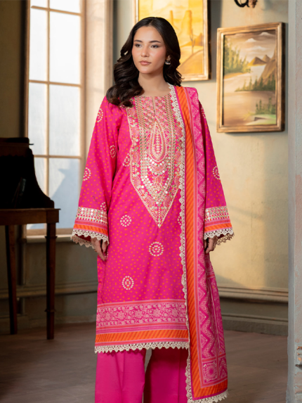 Zellbury 3-Piece Unstitched Embroidered Lawn Suit Dark Pink