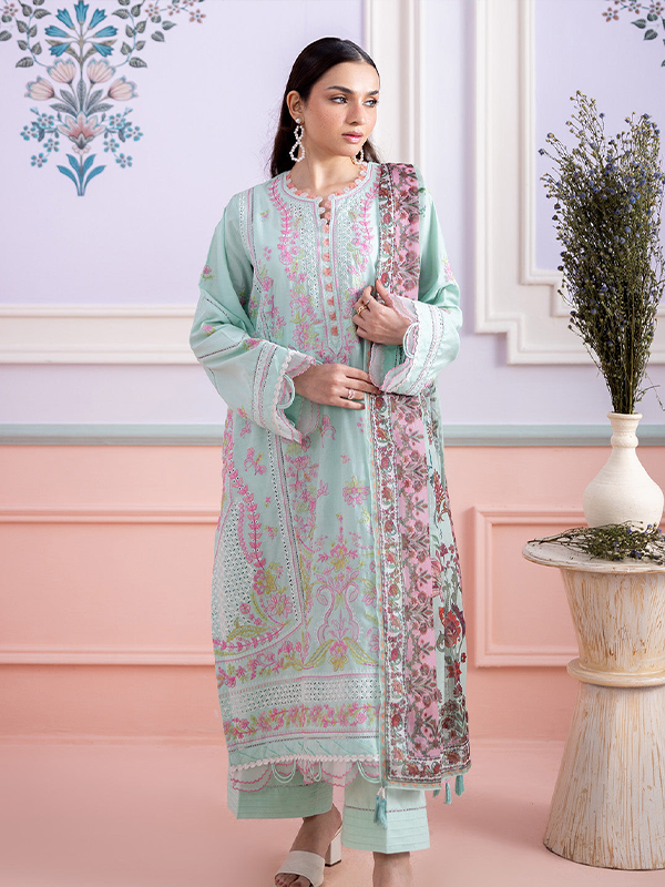 02 Zellbury 3-Piece Unstitched Embroidered Lawn Aqua Green